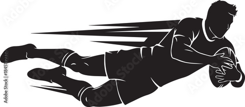 A dynamic Rugby Player Silhouette Pack featuring powerful action poses such as running, tackling, passing, scrummaging, and kicking.