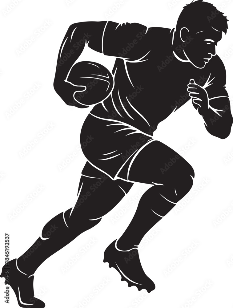 Fototapeta premium A dynamic Rugby Player Silhouette Pack featuring powerful action poses such as running, tackling, passing, scrummaging, and kicking.