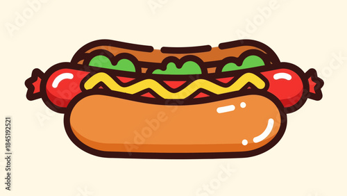 Cartoon hot dog with mustard relish and bun isolated vector illustration
