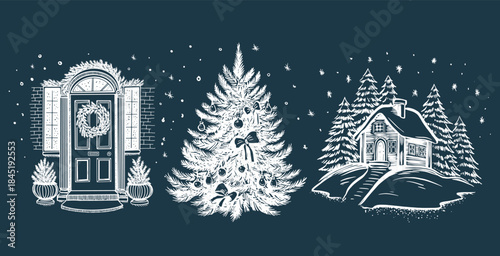 Christmas trees, houses, decoration door, hand drawn illustration