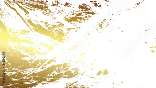 Golden distressed texture with cracks scuffs and ink spots for creative use. Grunge gold splatter texture on transparent background for overlay design. 