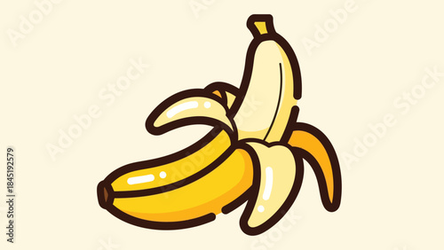 Cartoon illustration of a partially peeled banana isolated on cream background