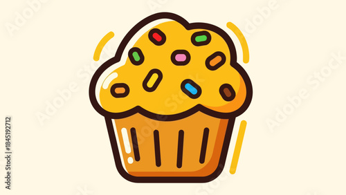 Cartoon muffin with colorful sprinkles isolated on a light yellow background