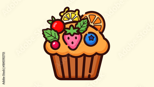 Cartoon muffin illustration with assorted fruit toppings on a light background