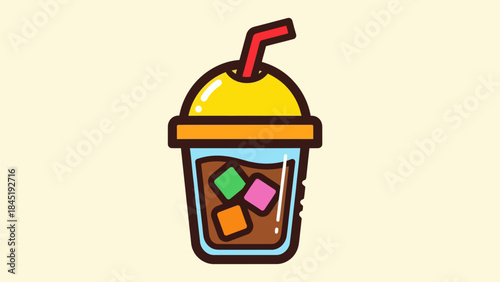 Cartoon iced beverage with straw and colorful ice cubes on light background