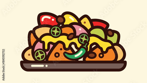 Cartoon nachos illustration with colorful toppings on a black plate