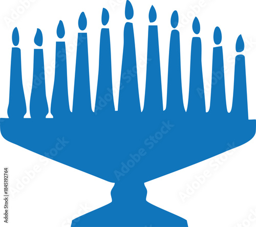 A blue silhouette of a traditional hanukkah menorah with nine lit candles conveying a festive and religious tone