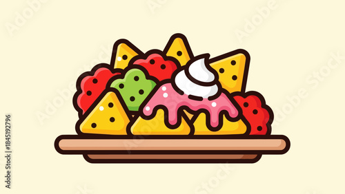 Cartoon nachos with colorful toppings on a wooden plate illustration