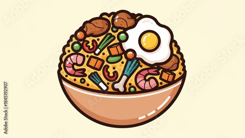 Cartoon illustration of a delicious rice dish with vegetables and egg