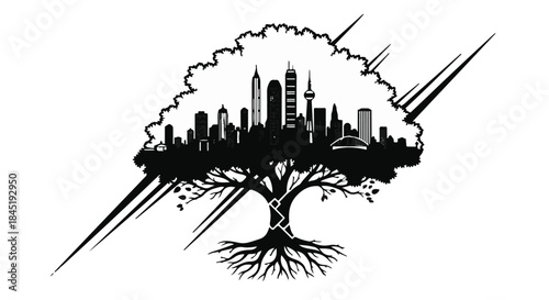 Thriving city skyline emerges from the silhouette of a strong, rooted tree.