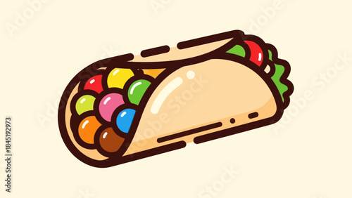 Cartoon taco illustration with colorful filling and fresh ingredients vector