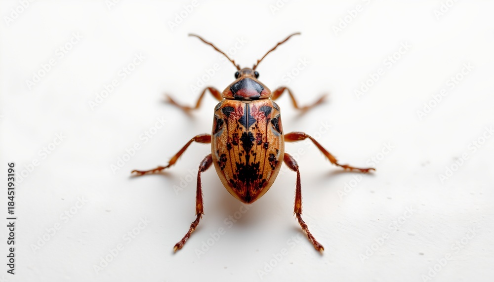 Fototapeta premium A close up of a beetle with distinctive spotted patterns on its elytra, resting on a white surface