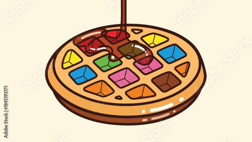 Cartoon waffle with colorful square filling and syrup pouring down illustration