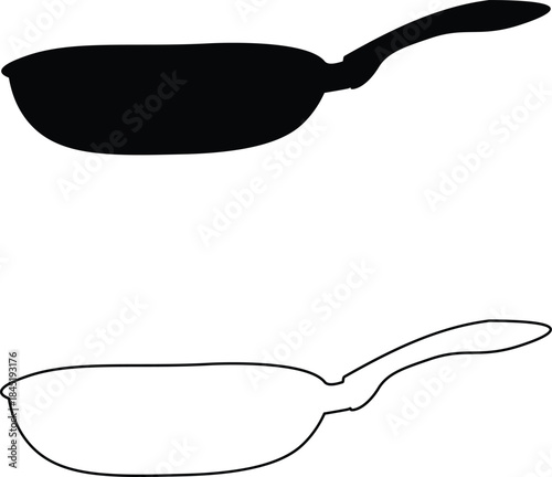 A simple black and white illustration depicts a frying pan and a spatula kitchen tools shown in outline