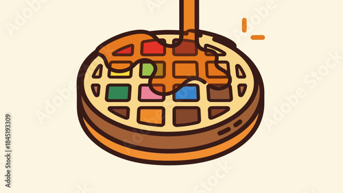 Cartoon waffle with syrup being poured overhead view vector illustration