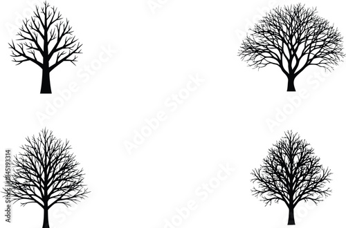 A minimalist depiction of four bare trees against a stark white background emphasizing winter s simplicity