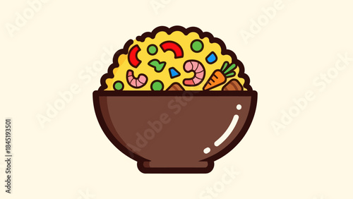 Colorful bowl of cooked rice with vegetables and shrimp illustration