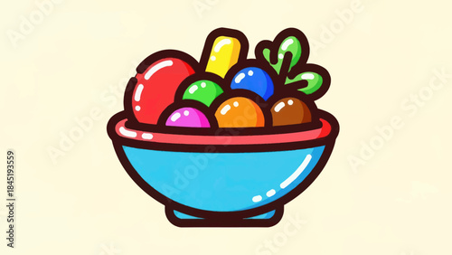 Colorful bowl of fresh fruit and vegetables with modern cartoon style
