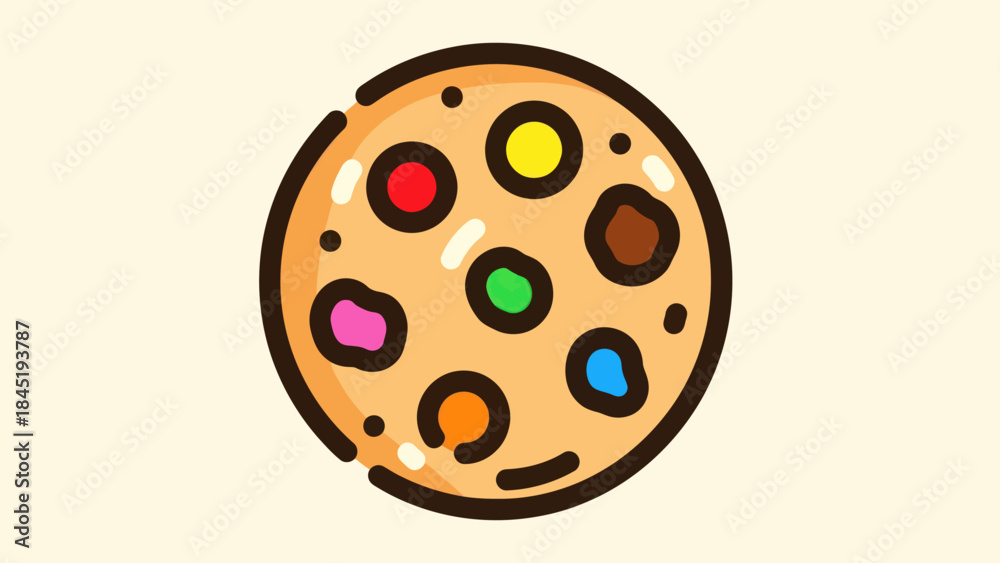 Fototapeta premium Close up of a single cookie with colorful chocolate chips isolated on cream