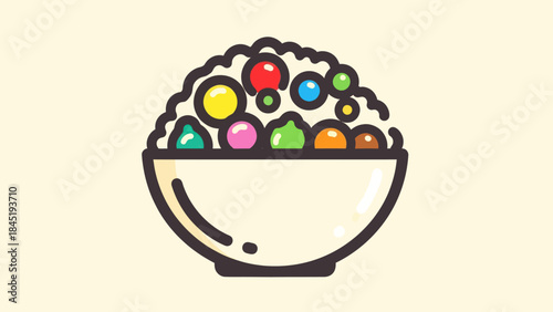 Colorful cartoon bowl filled with various sweet round treats on light background
