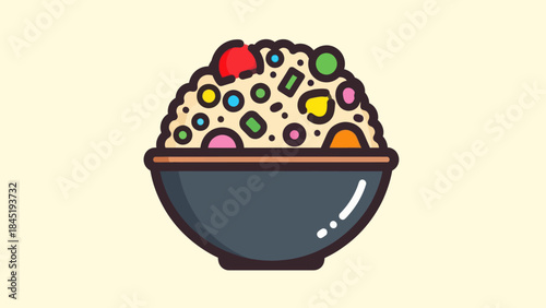 Colorful cartoon bowl of rice with various toppings on a neutral background