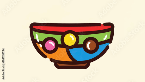 Colorful cartoon bowl with various compartments and decorative spheres