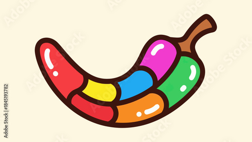 Colorful cartoon chili pepper illustration with segmented design on beige background