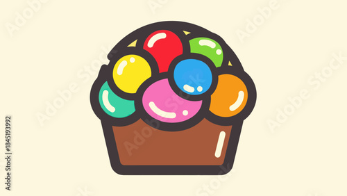 Colorful cartoon cupcake illustration with various brightly colored toppings