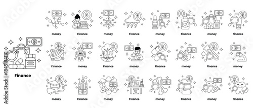 A series of black and white images of money and finance