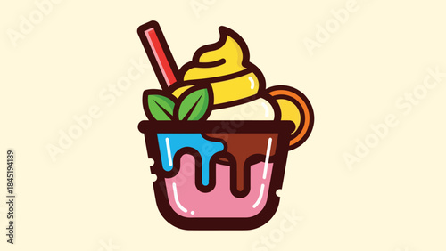 Colorful cartoon illustration of a delicious dessert with various toppings