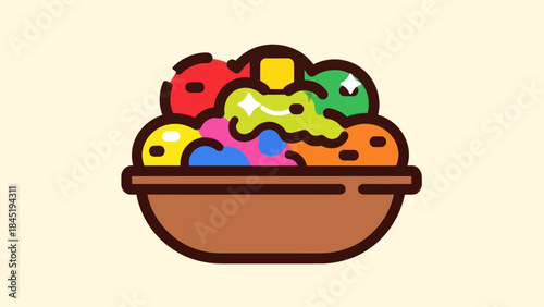 Colorful cartoon illustration of a fruit bowl with various fruits and a wooden base