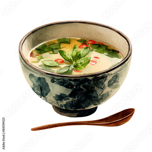 Miso Soup watercolor vector, hand-painted style, high-quality illustration isolated on white background.