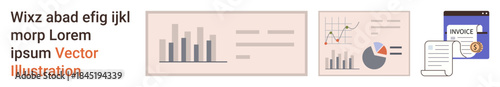 Data analysis, business growth, financial reporting, accounting, digital invoicing, budgeting. Bar chart and pie chart alongside an invoice. Data analysis, financial reporting idea