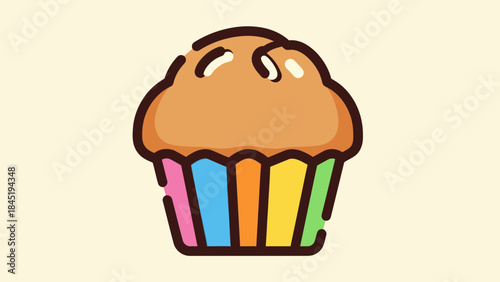 Colorful cartoon illustration of a muffin with various vibrant details