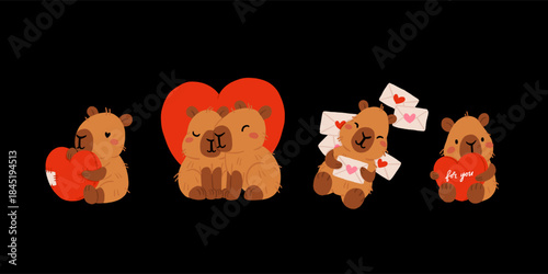 Cute Valentines Day capybara clipart set with heart balloons, romantic letters, capybara in gift box, kawaii animals with hearts, love messages and presents, characters for cards, stickers and print