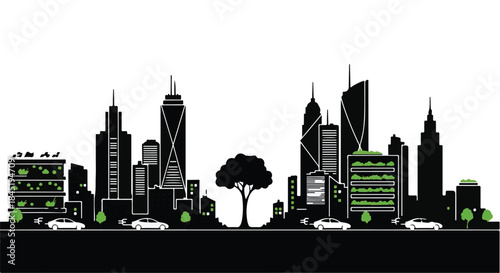 Futuristic green city skyline with sustainable buildings and electric vehicles