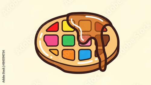 Colorful cartoon waffle illustration with syrup overlay for culinary design
