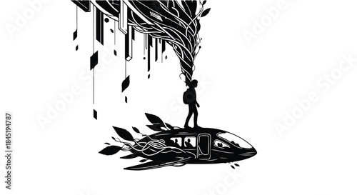 Young person stands on a futuristic vehicle, with abstract organic shapes flowing upwards like thoughts or dreams.