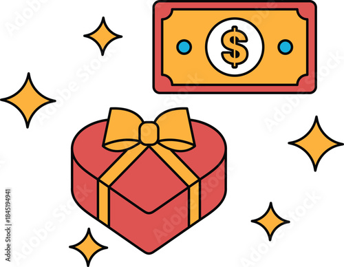 A dollar bill is on top of a heart