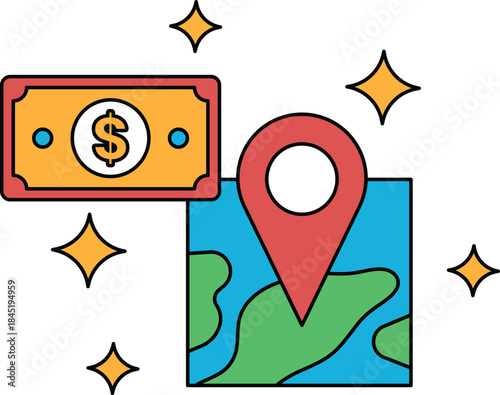 A dollar bill is on top of a map with a pin on it