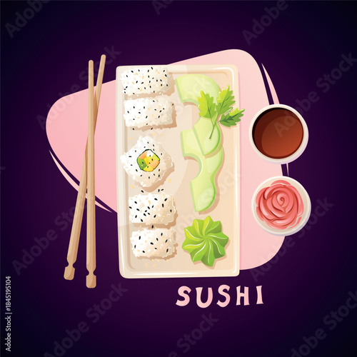 top view of sushi maki with sesame and avocado and chopsticks