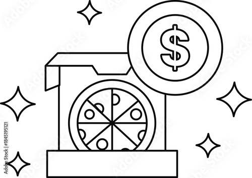 A pizza box with a dollar sign on top