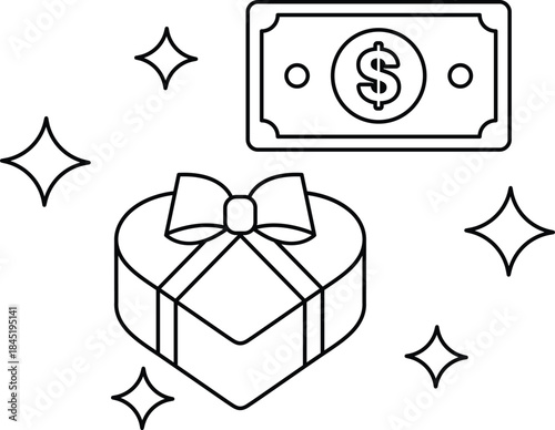 A dollar bill is on top of a heart