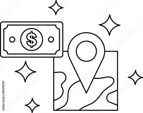 A dollar bill is on top of a map with a pin on it