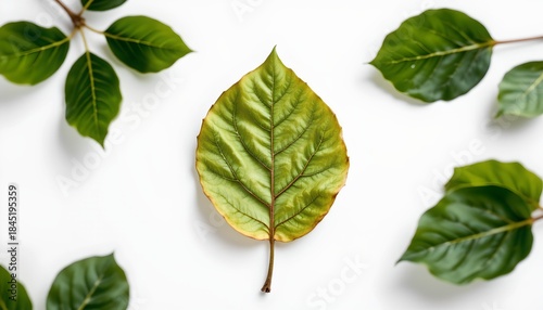 A leaf resting on a white surface, surrounded by an assortment of green leaves. This creates a natural, organic feel to the scene