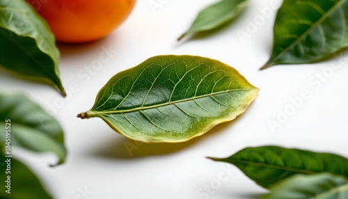 A close up of green tea leaves on a table. The leaves are fresh and vibrant, with some partially covered by a yellow petal. The background is blurred, emphasizing the central leaf cluster.