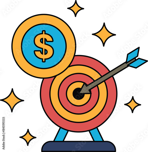 A black and white drawing of a dollar sign and an arrow pointing to a target