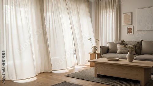 Cozy living room with a couch and coffee table by the window with curtains