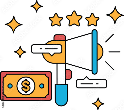 A drawing of an earbud with a dollar sign and a star