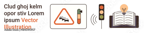 Road safety, transportation, learning resources, education, traffic management, ideas and innovation. Road sign, traffic light open book with a glowing bulb. Road safety and transportation